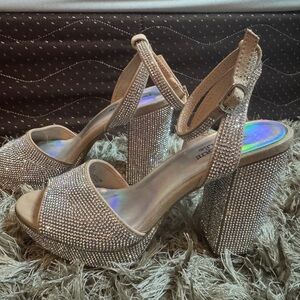 Dominique Nicole Rhinestone Platform Block Heels Silver 6M Evening Wedding